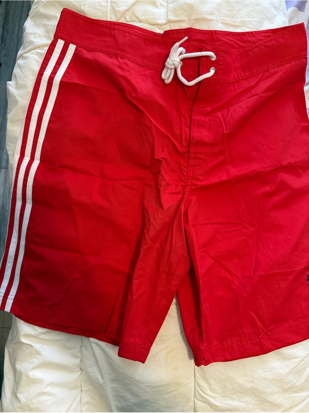 Adidas Red Swim Shorts with White Side Stripes M